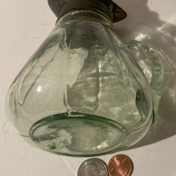 Vintage Green Glass Bottle with Copper Top, Syrup Bottle, Creamer, 6", Depressio - Picture 3 of 4